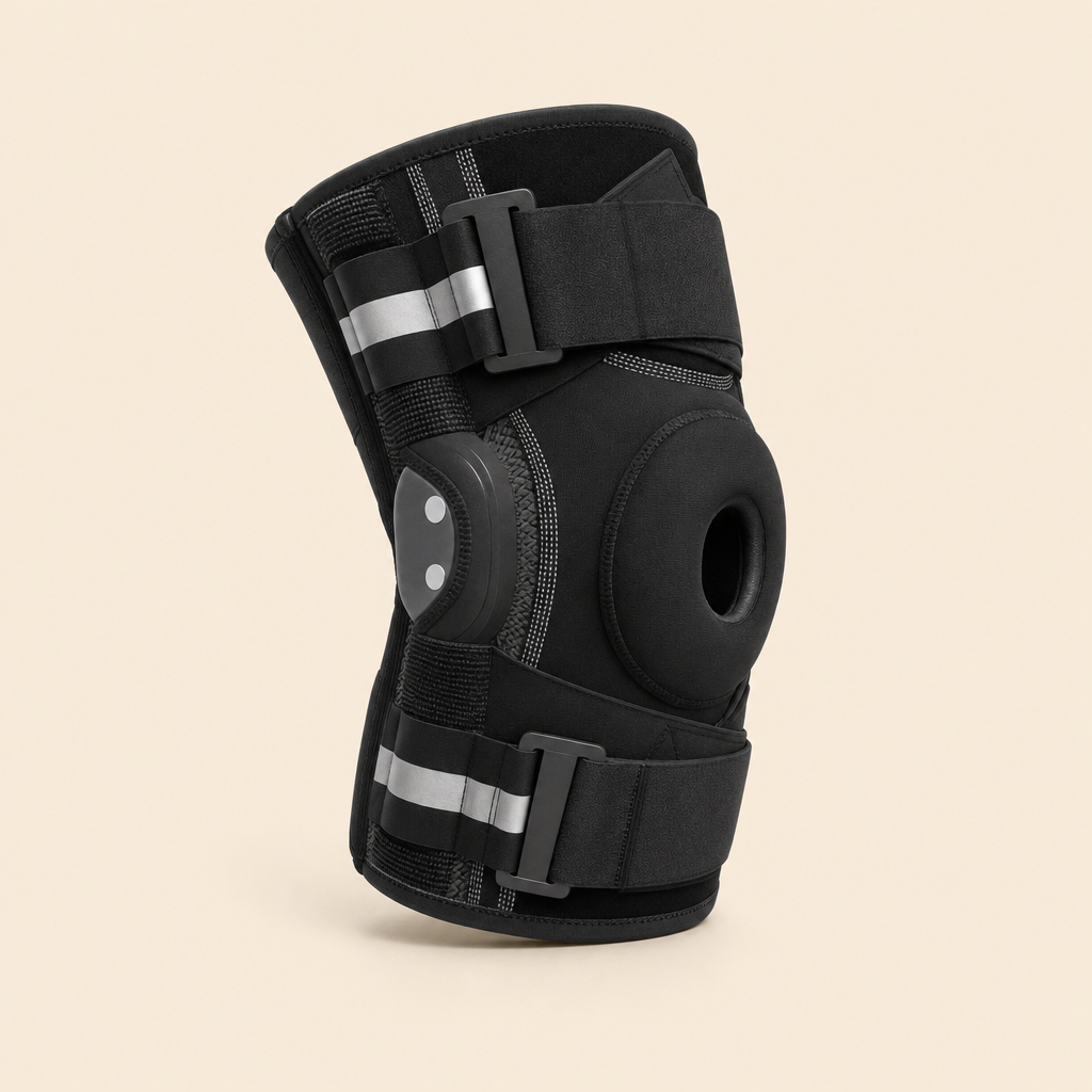 Steadora hinged knee support brace, black, on a beige studio backdrop