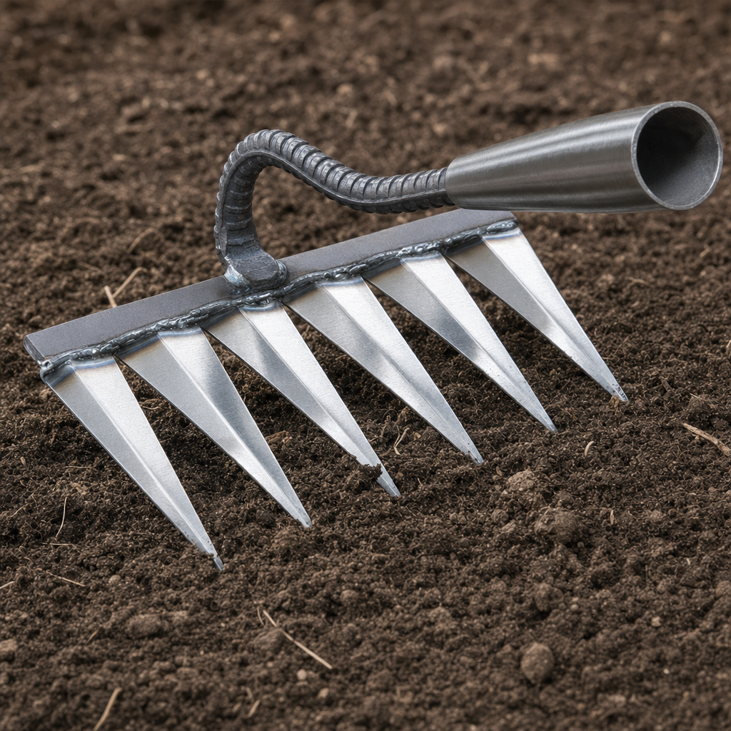 Close-up of Tinora rake V-shaped steel tines in garden soil