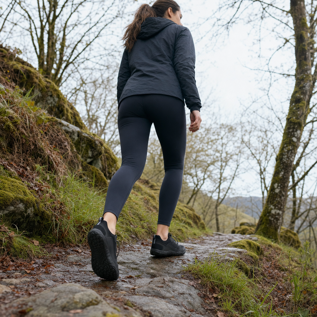 Woman walking a woodland path in Terrix barefoot trail shoes