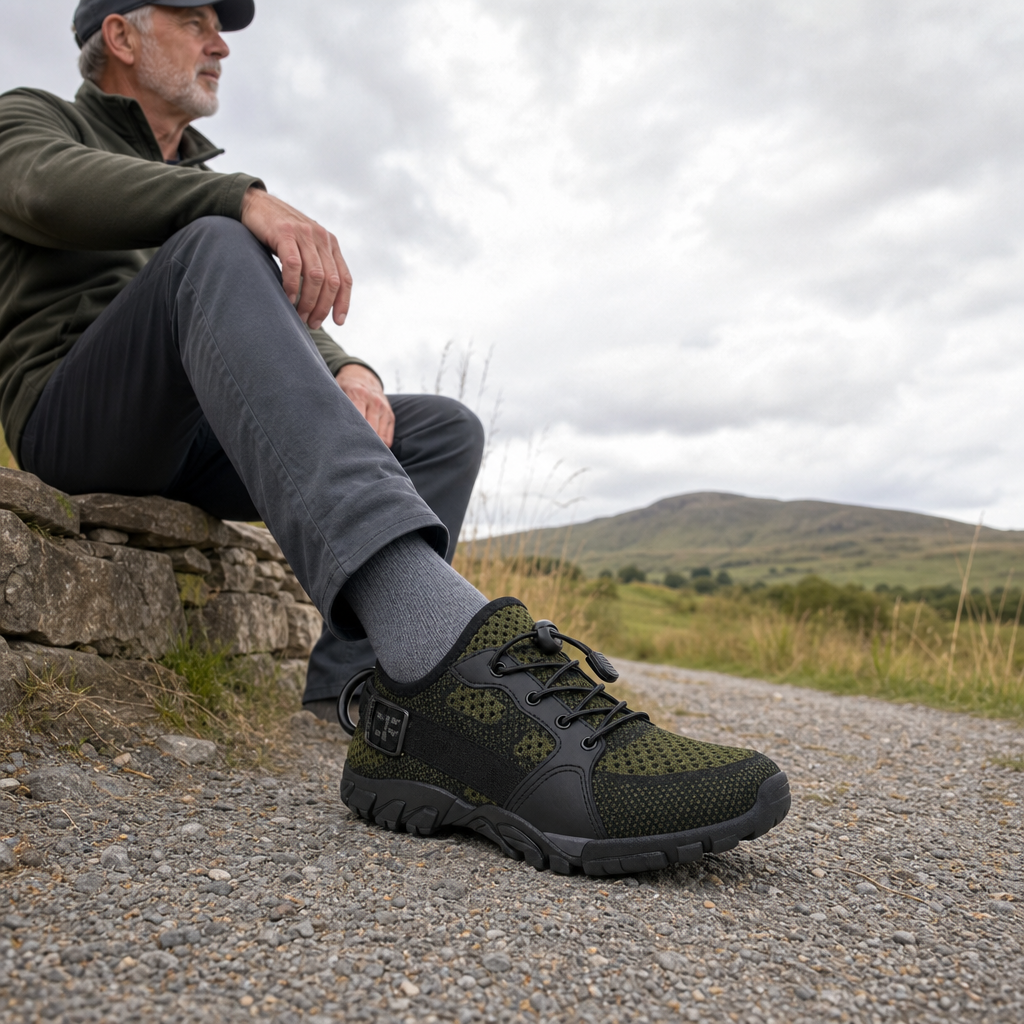 Ambleva walking shoes worn beside a dry-stone wall