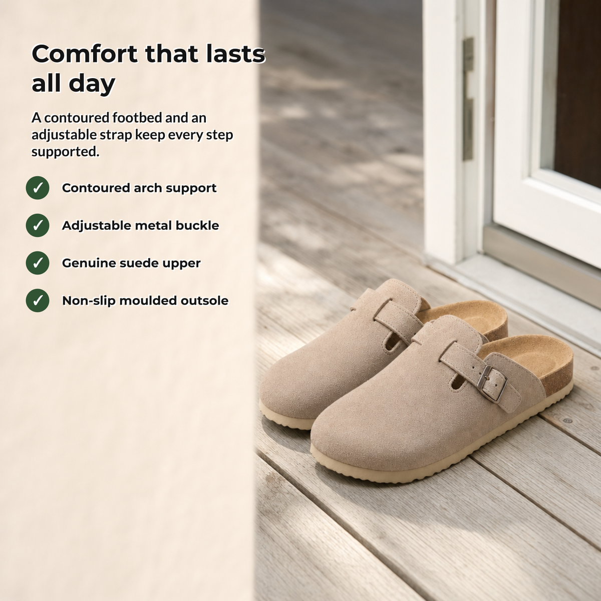 Suedova suede clogs benefits: arch support, adjustable buckle, suede upper, non-slip outsole