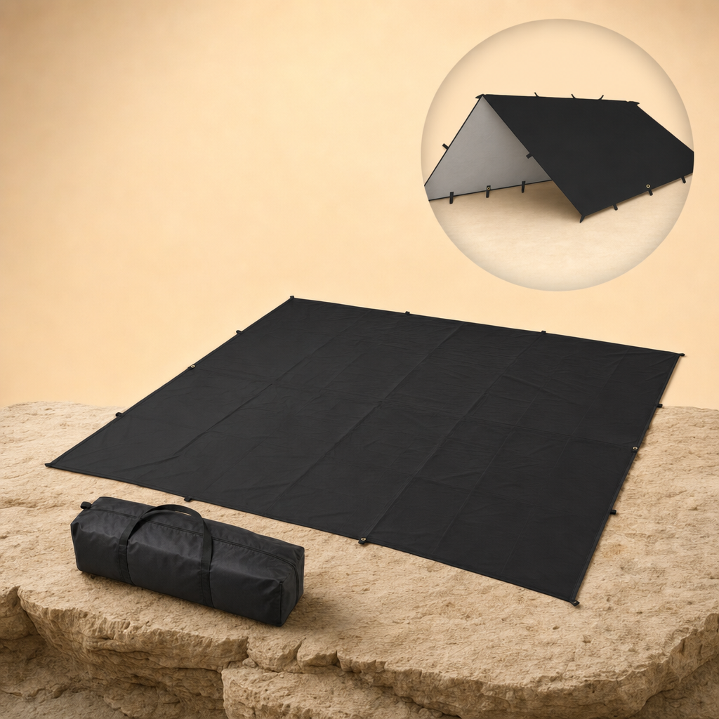 Canora black tarp with storage bag and in-use inset