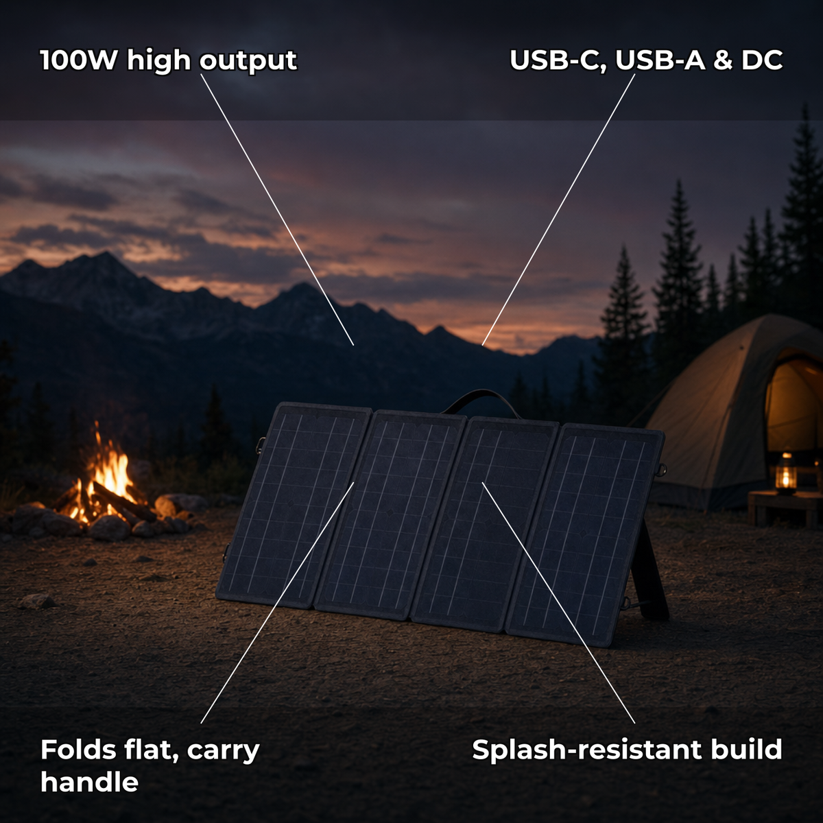 Solvix 100W solar panel features: 100W output, USB-C/USB-A/DC, folds flat, splash-resistant