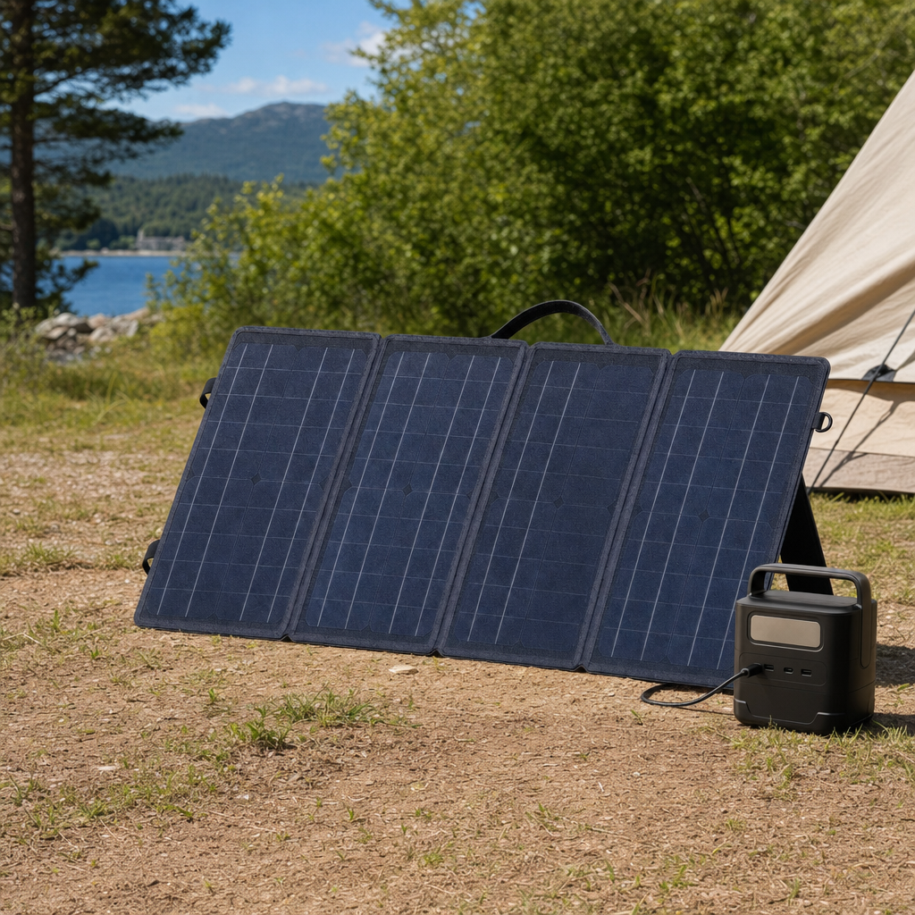 Solvix solar panel unfolded on kickstands at a sunny campsite charging a power station