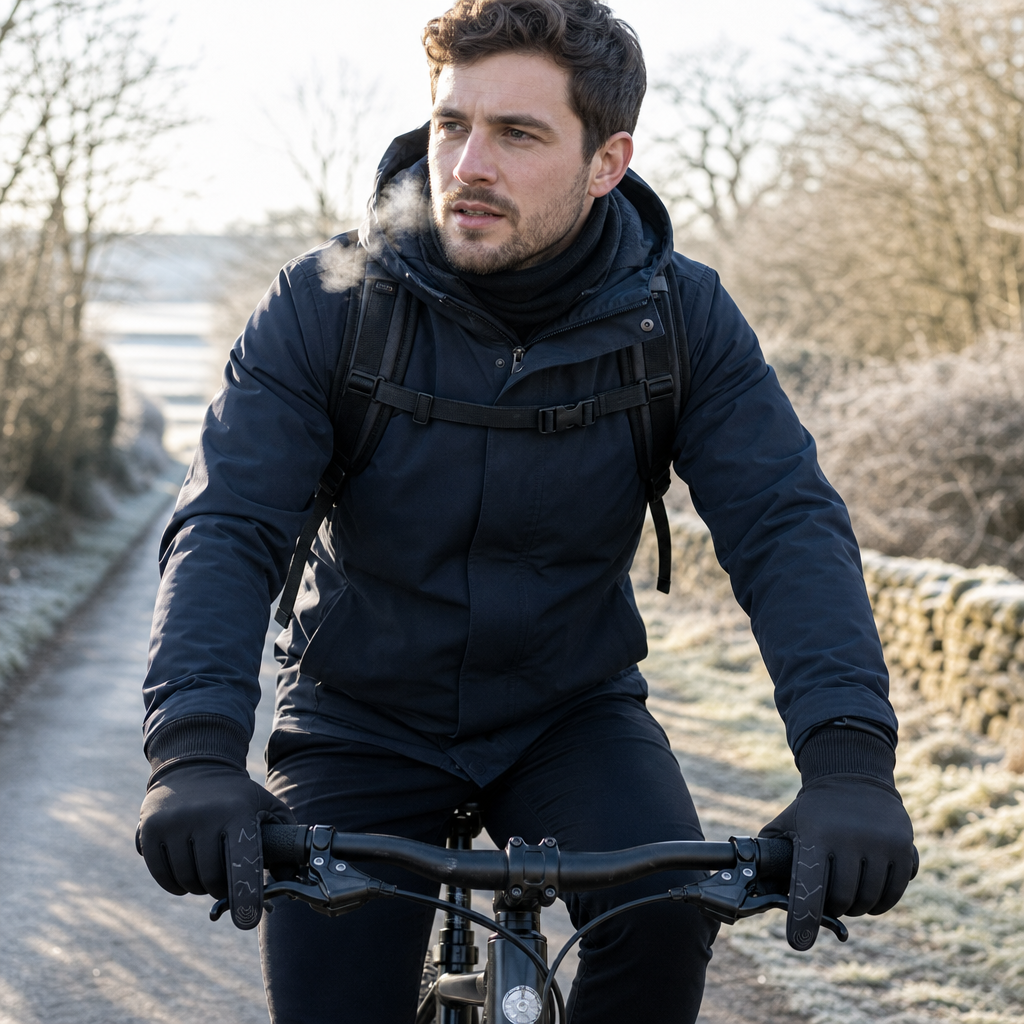 Cyclist riding in winter wearing Thermix thermal cycling gloves