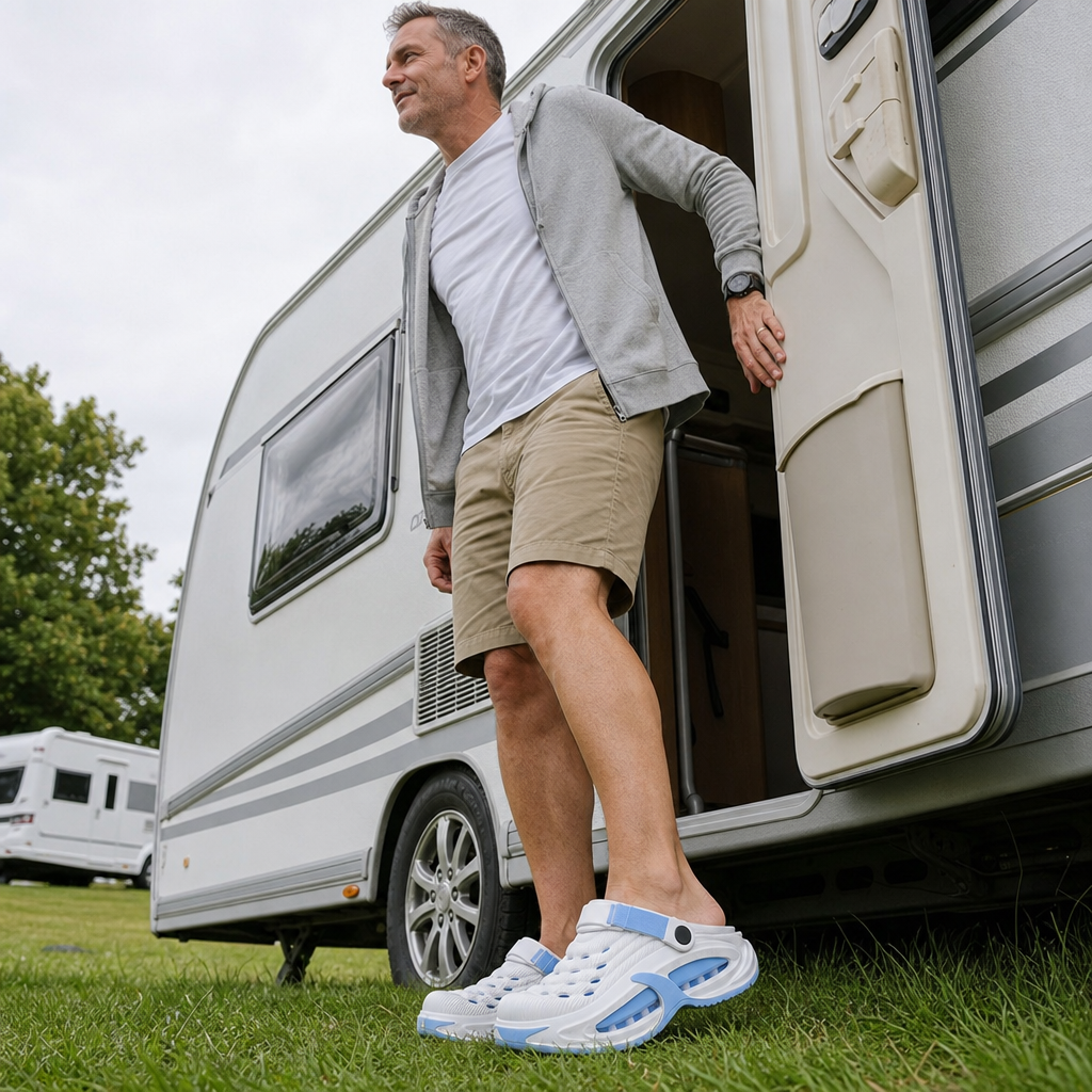Cloudova clogs worn at a campsite