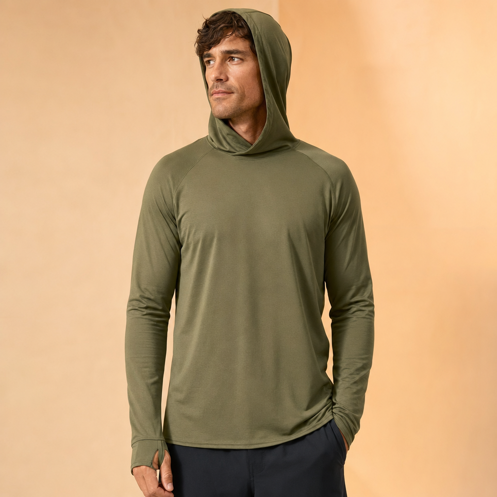 Solano men's UPF 50+ sun hoodie, olive green, hood up