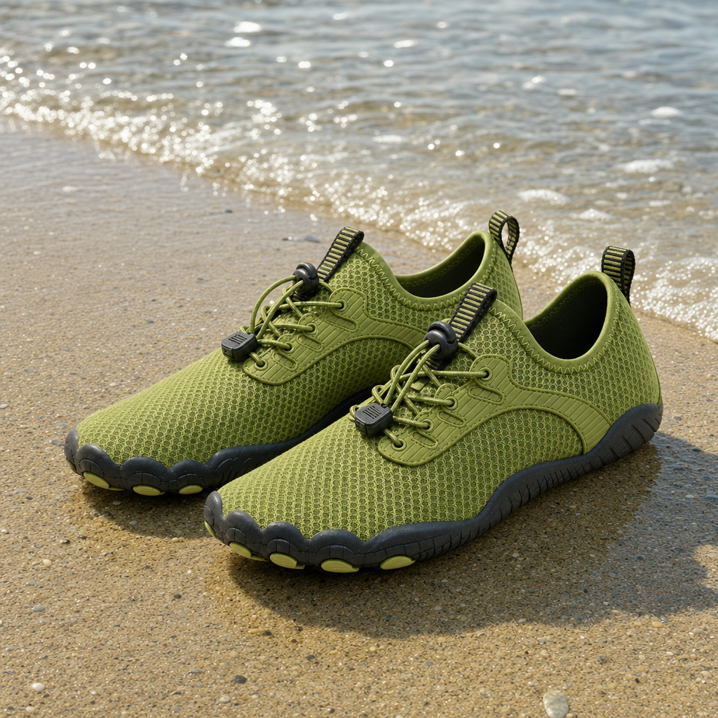 Tidova water shoes on a beach shoreline