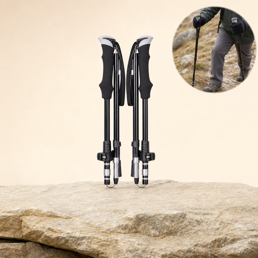 Stavora trekking poles on sandstone ledge with in-use inset