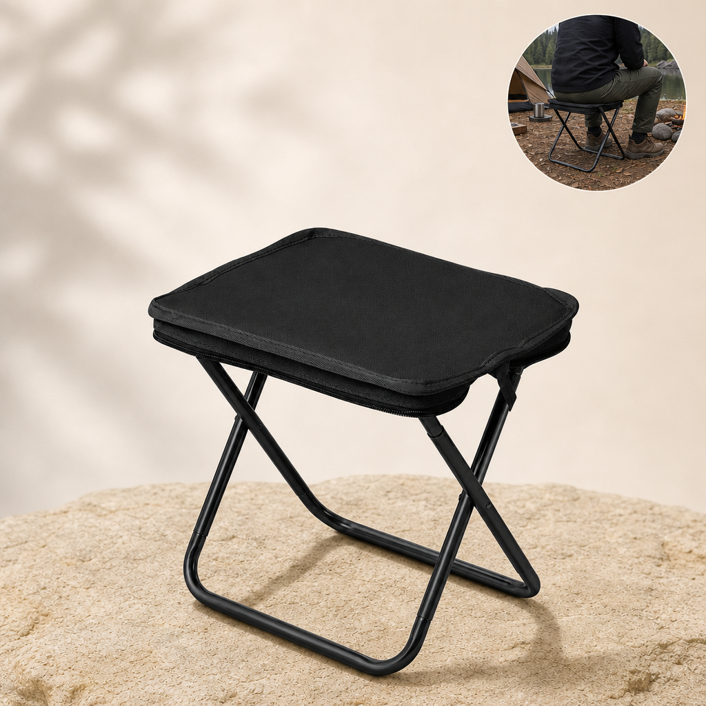 Foldix folding camping stool black on sandstone with in-use inset