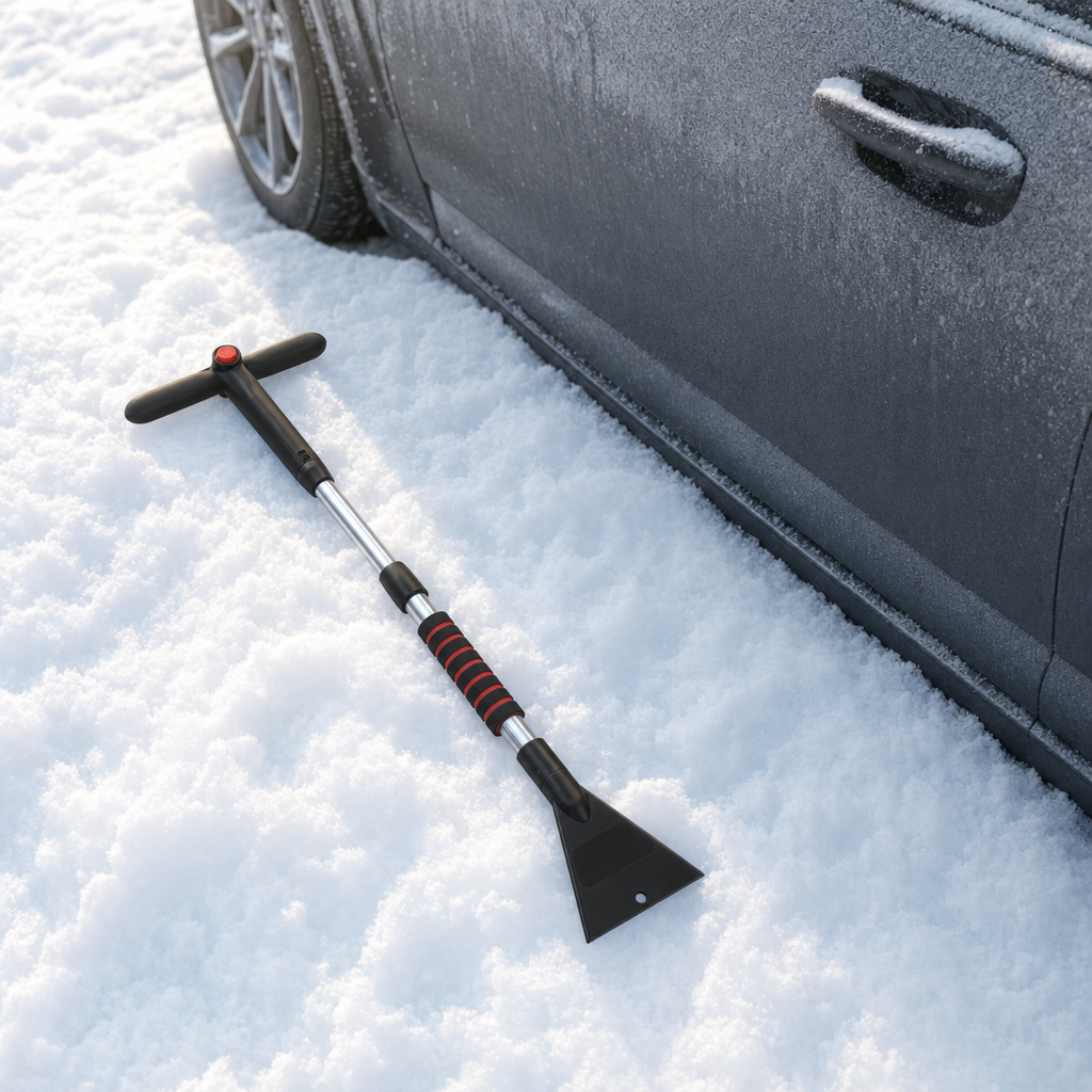 Frostra scraper beside a frosted car on fresh snow