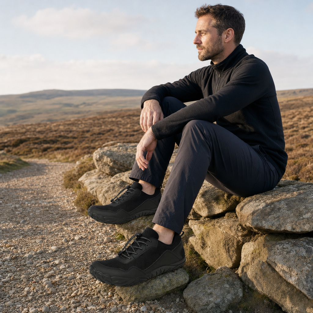 Man on a moorland path wearing Terrix barefoot trail shoes