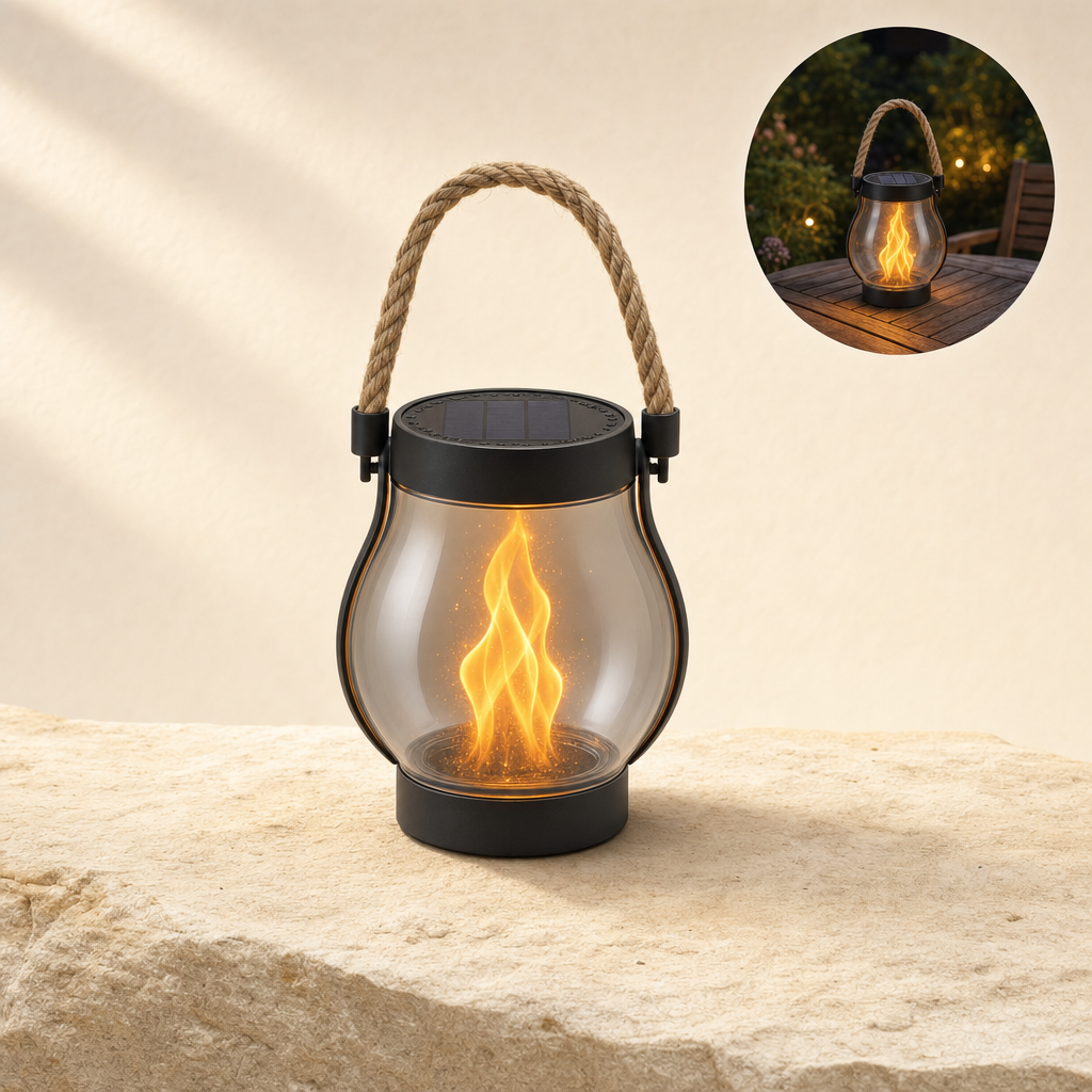 Embora flame-effect lantern on a sandstone ledge with a dusk usage inset
