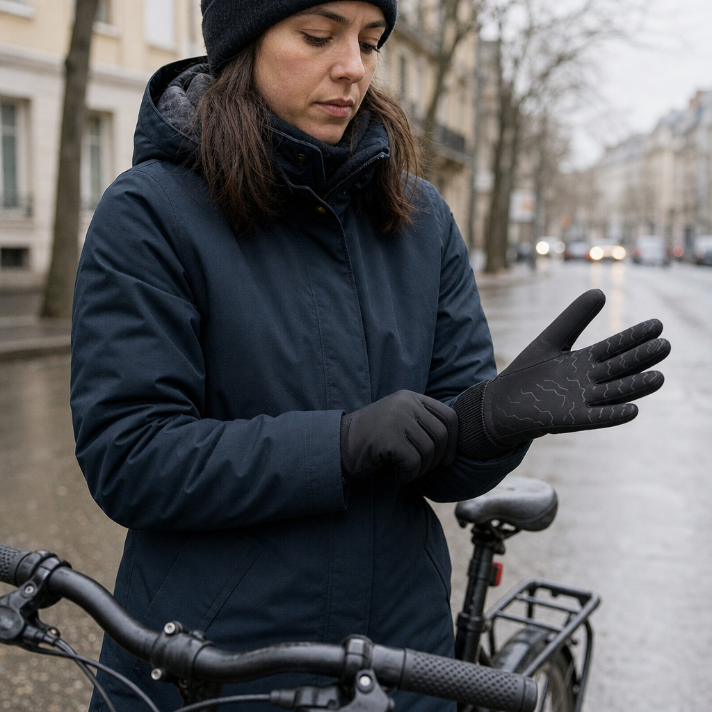 Woman pulling on Thermix thermal cycling gloves beside her bike