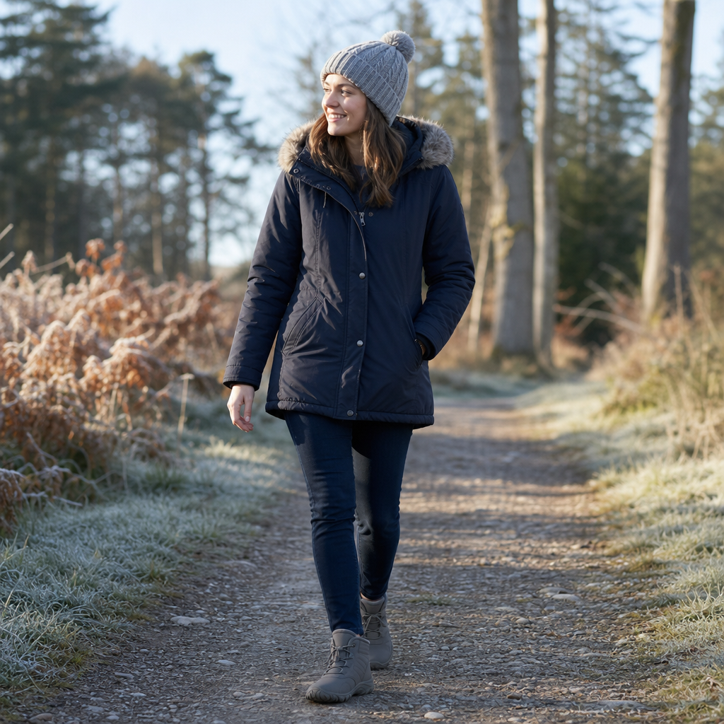 Woman walking a frosty woodland path wearing grey Glacova winter barefoot shoes