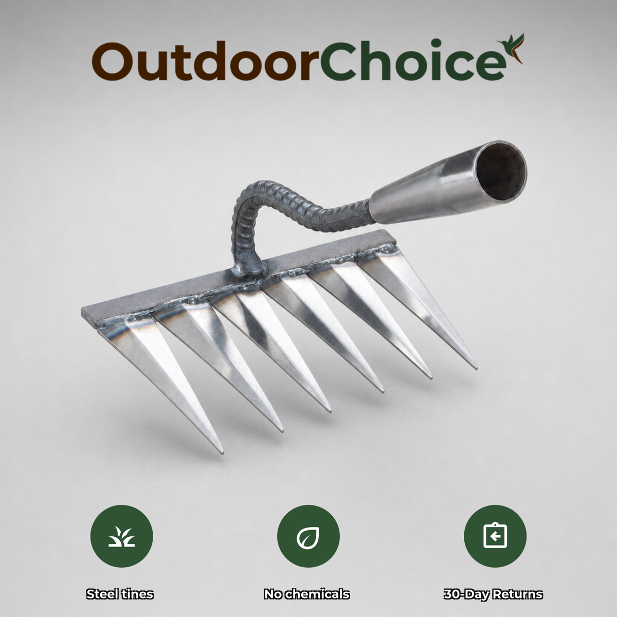 OutdoorChoice Tinora rake - steel tines, no chemicals, 30-day returns