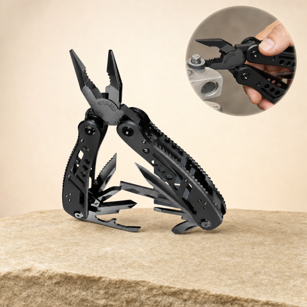 Mendora multi-tool in use on a rock ledge — black