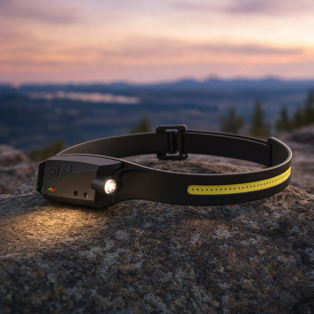 Lumora headlamp close-up on a rock at a campsite