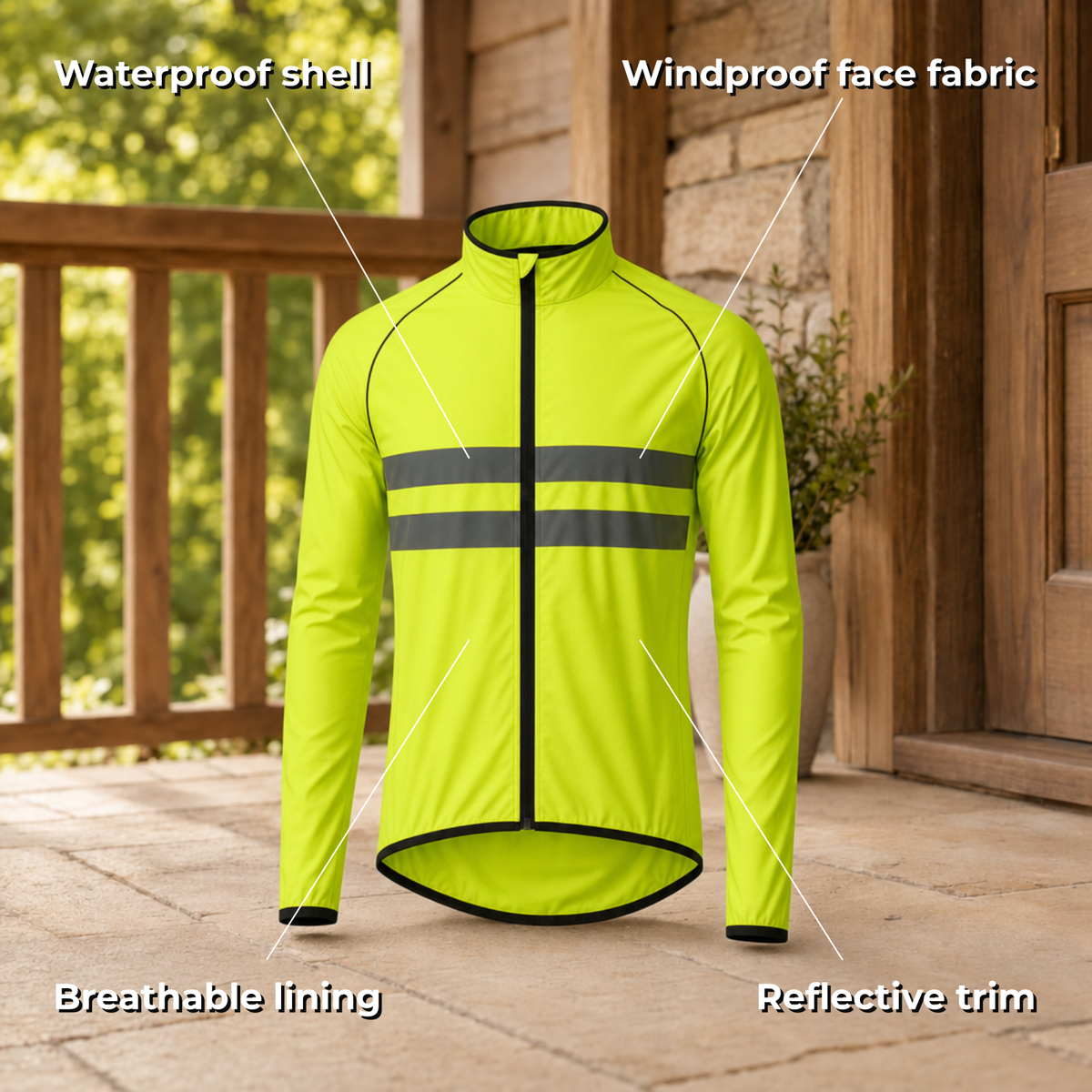 Stormix rain jacket features: waterproof shell, windproof face fabric, breathable lining, reflective trim