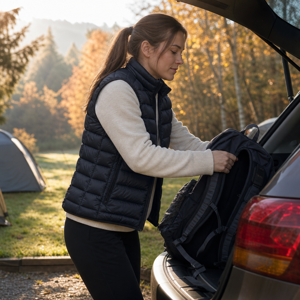 Woman wearing the Loftova body warmer at a campsite