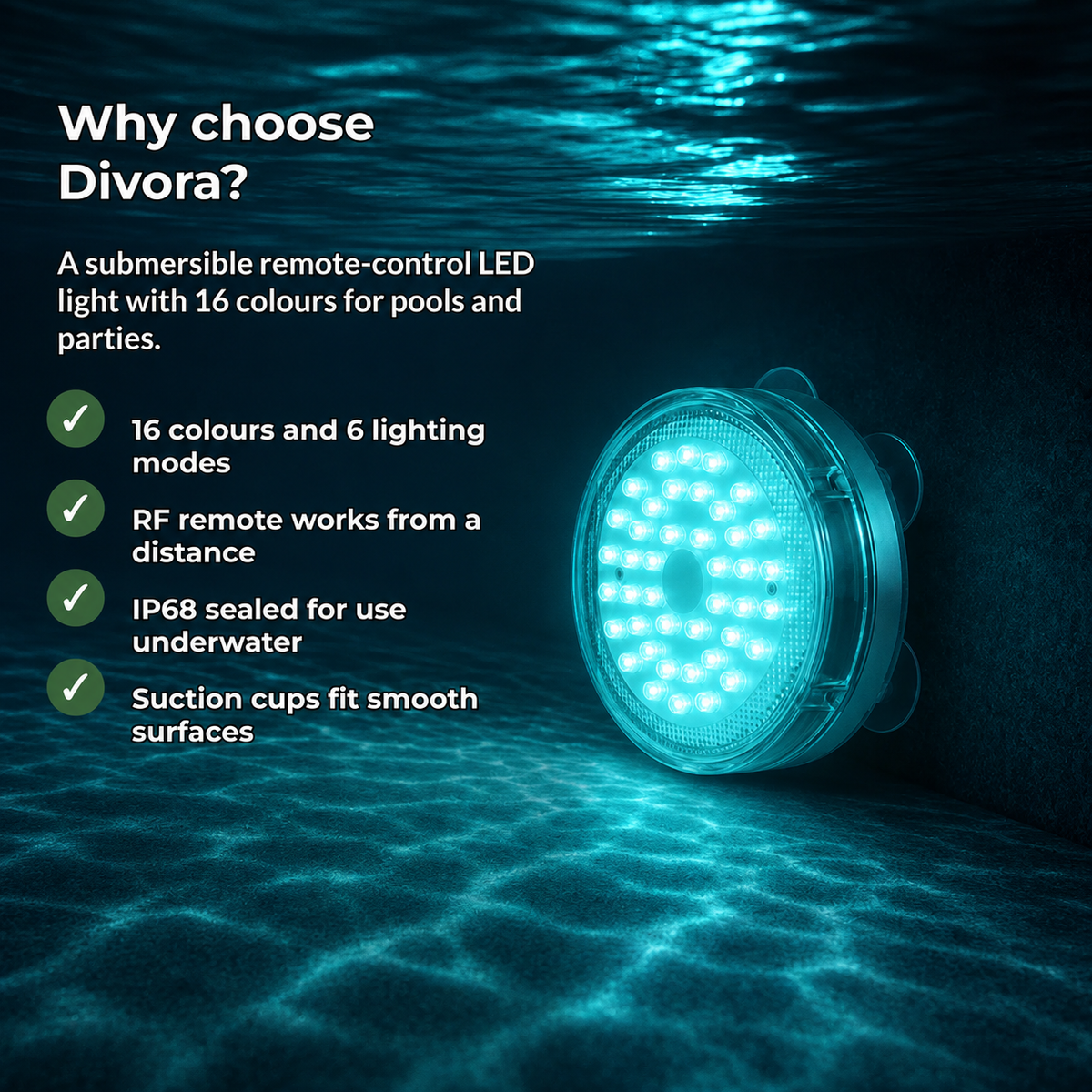 Divora – Submersible LED Pool Light with RF Remote, 16 Colours, 6 Modes & IP68 Waterproof Shell