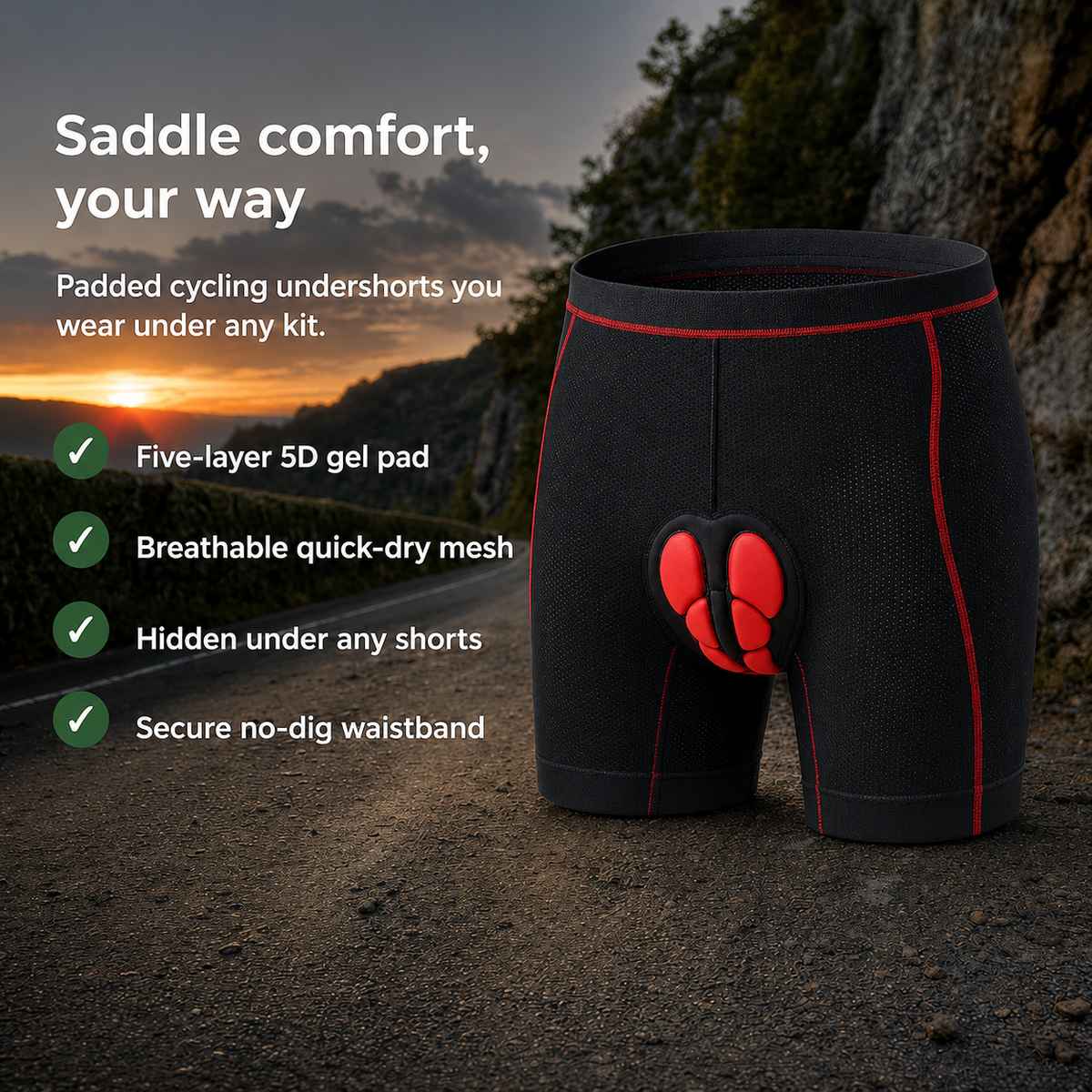 Chamova – Men's Padded Cycling Undershorts with 5D Gel Seat Pad & Breathable Quick-Dry Mesh